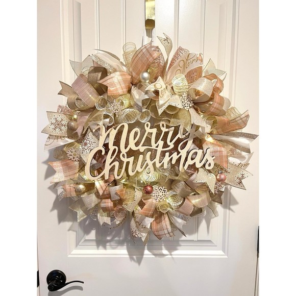 Christmas Snowflake Holiday Ribbon Door Wreath Handmade 22 ins LED W12 Gold Pink - Picture 9 of 12